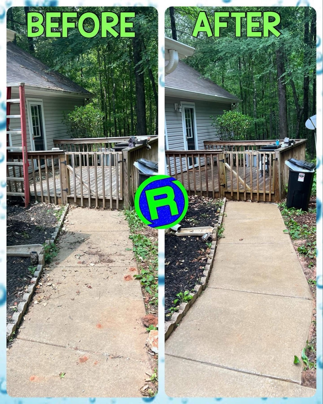 Walkway and deck before and after cleaning
