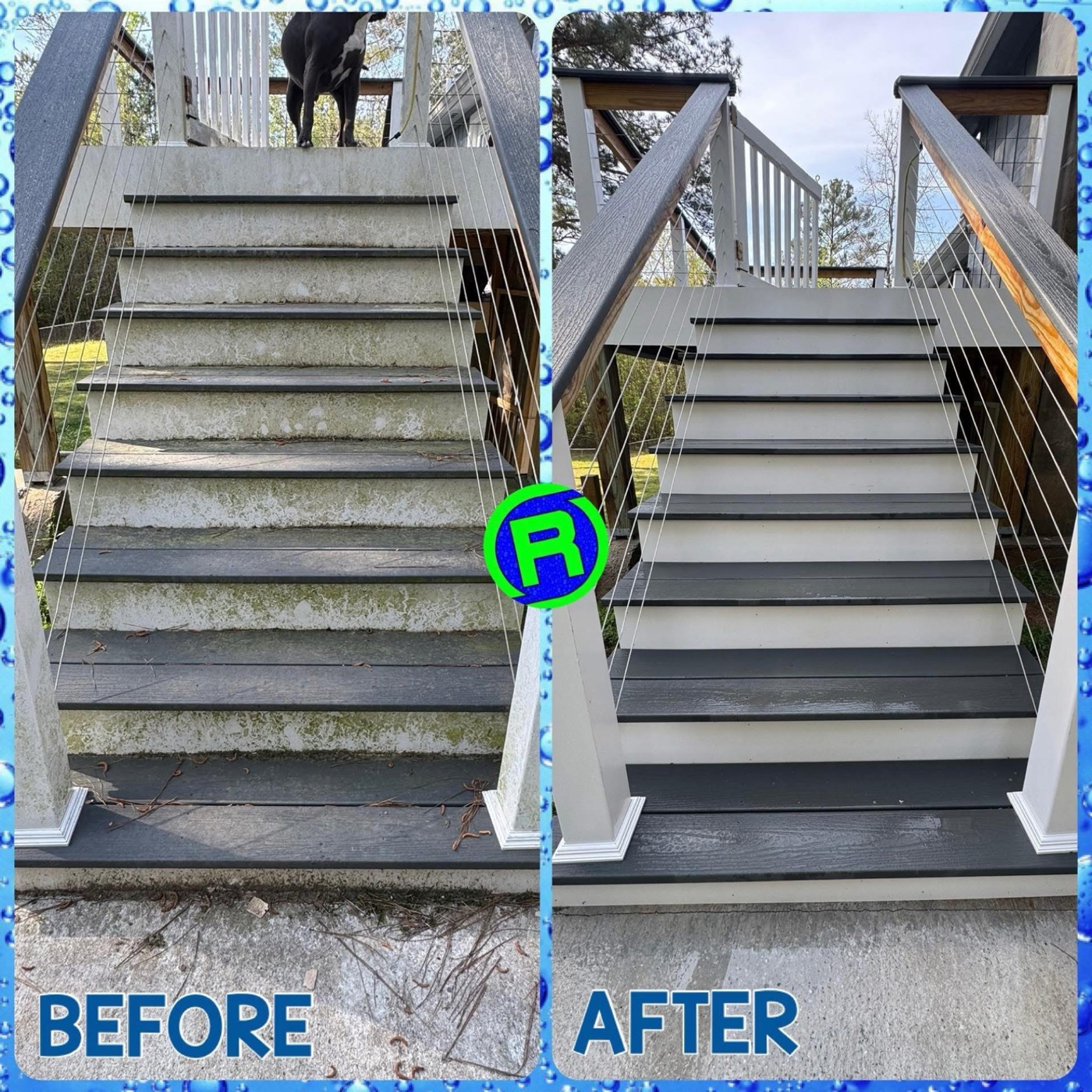 Deck stairs before and after washing
