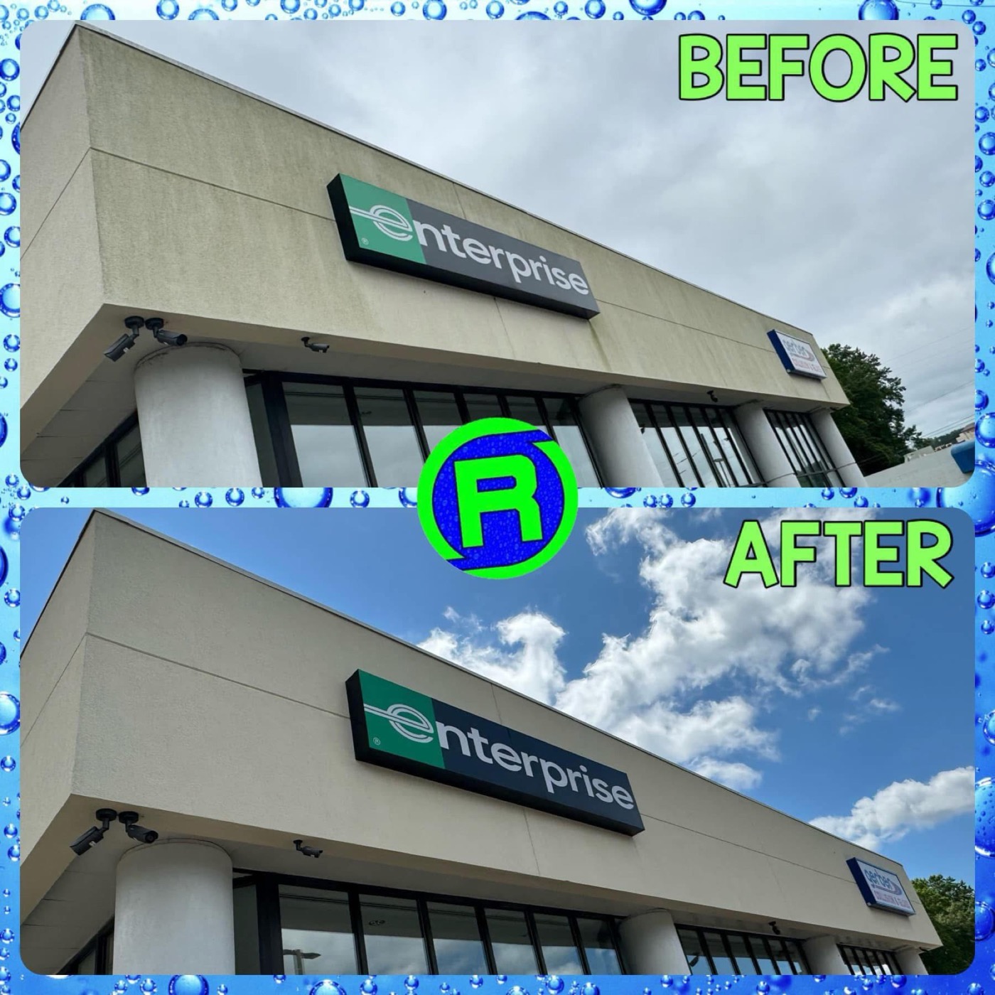 Commercial storefront before and after exterior cleaning