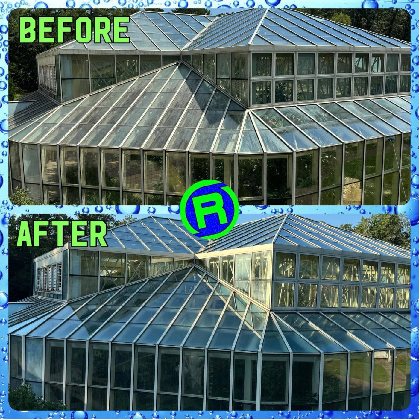 Commercial greenhouse glass before and after washing