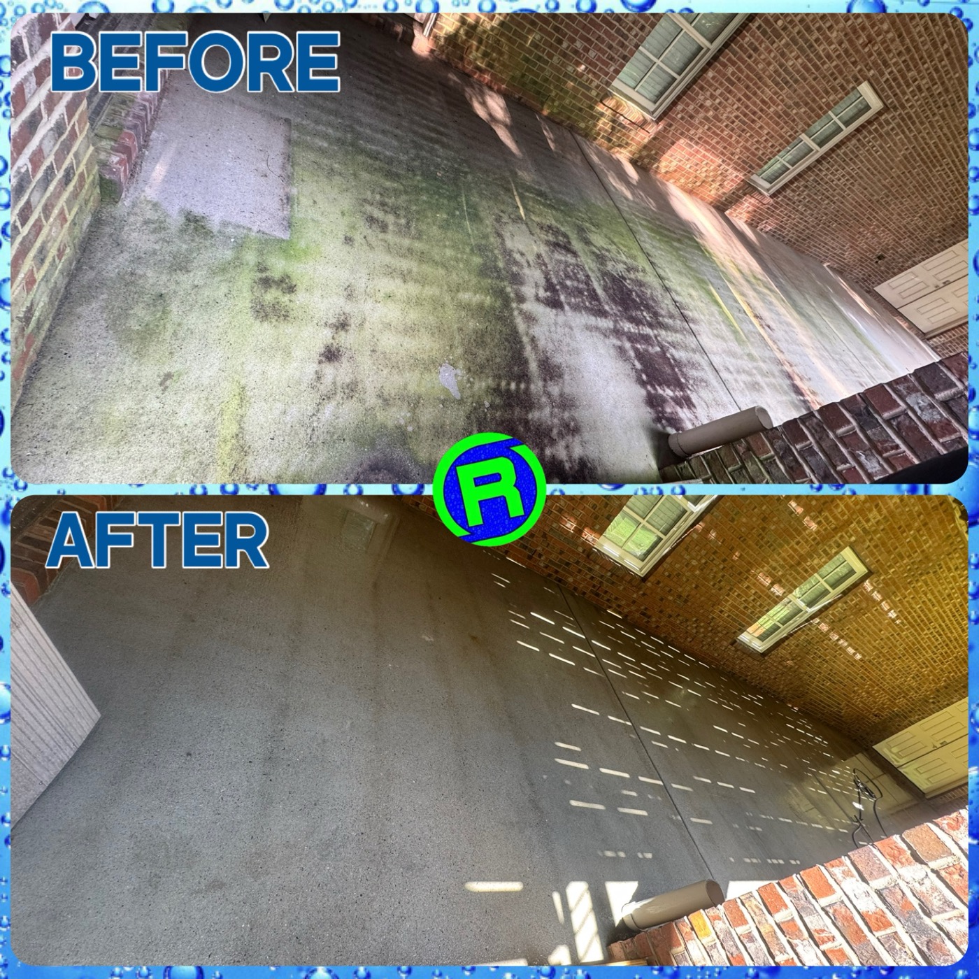 Covered concrete patio before and after cleaning